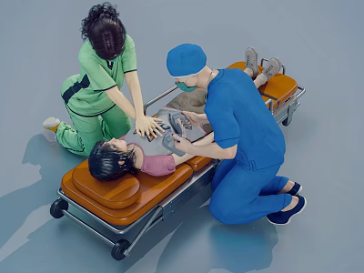 Medical Personnel Kneeling To Attend Patient On Orange Stretcher With Emergency Care 3d model