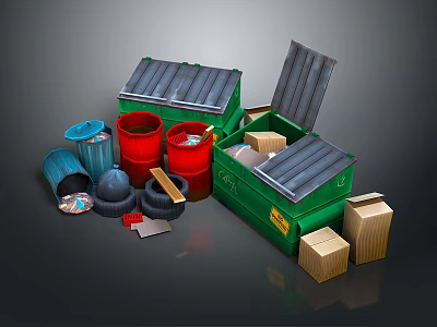 Household Recycling Bins Including Colored Containers Green Recycle Bin And Cardboard Boxes 3d model