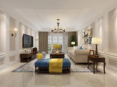 Elegant Living Room Interior With Chandelier TV Sofa Coffee Table And Decorative Paintings 3d model