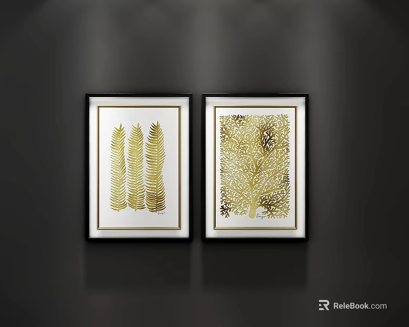 Abstract Paintings With Black Frames And Gold Botanical Patterns On Dark Background 3d model