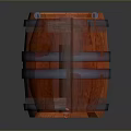 Modern Decorative Wooden Barrel Featuring Orange Surface Blue Hoops And Brown Wooden Frame
