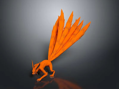 Orange Mythical Game Movie Character With Long Feathered Tail And Horns In Crawling Posture 3d model