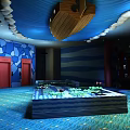 Stylish Bar Interior Design With Blue Wavy Ceiling Decorative Columns Round Tables And Cozy Chairs