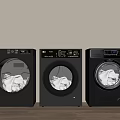 Three Modern Front Load Washing Machines in Dark and Beige on Wooden Floor