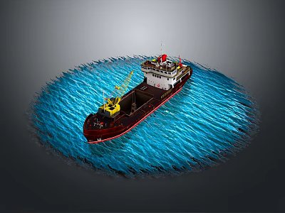 Cargo Ship with Red Hull White Superstructure and Yellow Crane on Blue Wavy Water Surface 3d model