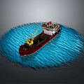 Cargo Ship with Red Hull White Superstructure and Yellow Crane on Blue Wavy Water Surface