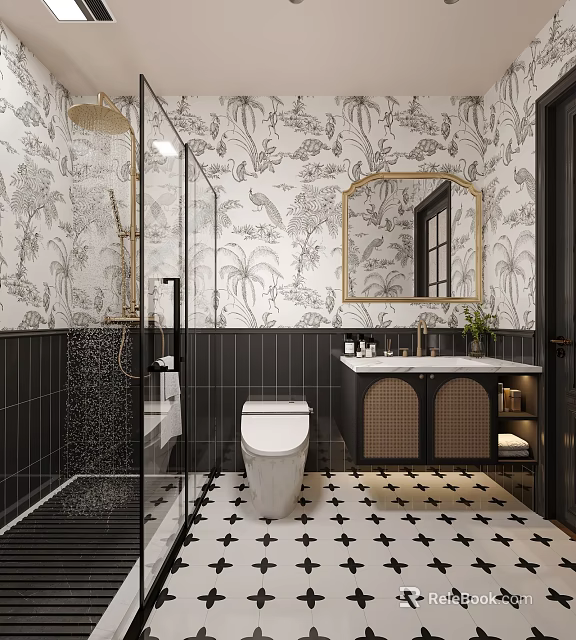 Bathroom with Tropical Pattern Wallpaper Glass Shower Black Tiles Vanity Mirror and Star Patterned Floor 3d model 