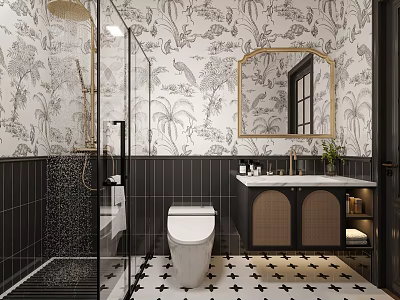 Bathroom with Tropical Pattern Wallpaper Glass Shower Black Tiles Vanity Mirror and Star Patterned Floor 3d model