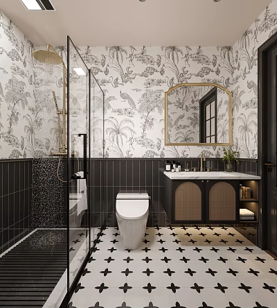 Bathroom with Tropical Pattern Wallpaper Glass Shower Black Tiles Vanity Mirror and Star Patterned Floor 3d model
