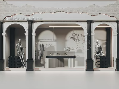 Stylish Storefront Window Display With Arched Design Mannequins Hanging Clothes And Decorative Branches 3d model