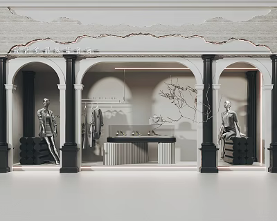 Stylish Storefront Window Display With Arched Design Mannequins Hanging Clothes And Decorative Branches 3d model