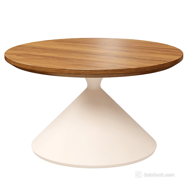 Modern Wooden Coffee Table With Round Top And White Conical Base 3d model