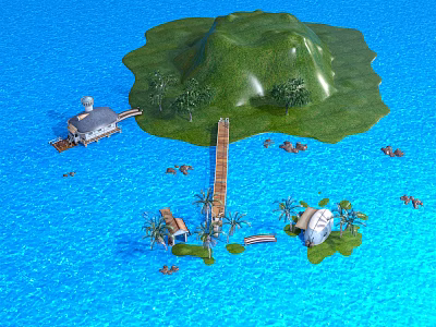 Tropical Island In Blue Ocean With Green Hills Wooden Bridge Houses Palm Trees And Boats 3d model