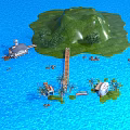 Tropical Island In Blue Ocean With Green Hills Wooden Bridge Houses Palm Trees And Boats