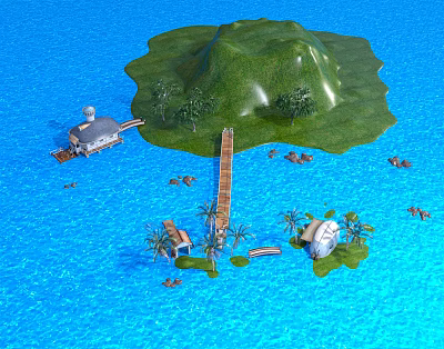 Tropical Island In Blue Ocean With Green Hills Wooden Bridge Houses Palm Trees And Boats 3d model
