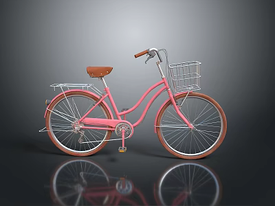 Vintage Pink Bicycle With Brown Seat White Front Basket Rear Rack White Spokes Brown Tires 3d model