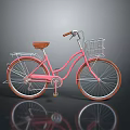 Vintage Pink Bicycle With Brown Seat White Front Basket Rear Rack White Spokes Brown Tires