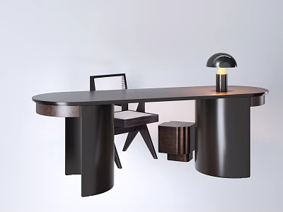 Modern Home Office Desk With Cylindrical Legs Black Table Lamp And Minimalist Chair 3d model