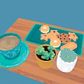 Assorted Star And Round Shaped Cookies On Blue Tray Wooden Table With Coffee And Plants