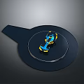 Blue and Yellow Miniature Car Model Displayed on Black Circular Platform