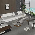 Modern Beige Sofa Coffee Table Set With Marble Top Wooden Wall Green Plant Window View