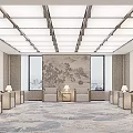 Modern Front Desk Reception Interior With Chinese Style Sofa Coffee Tables And Landscape Painting