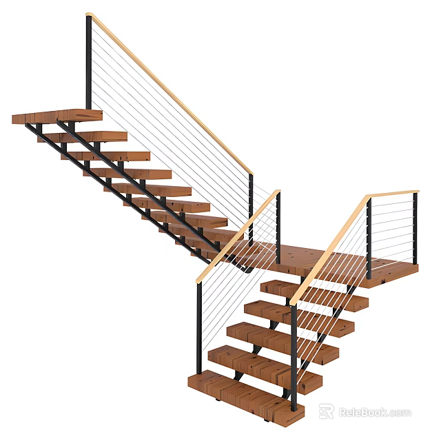 Modern Wooden Staircase With Double Flight And Metal Cable Railings In Contemporary Home Interior 3d model 