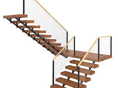 Modern Wooden Staircase With Double Flight And Metal Cable Railings In Contemporary Home Interior 3d model