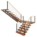 Modern Wooden Staircase With Double Flight And Metal Cable Railings In Contemporary Home Interior