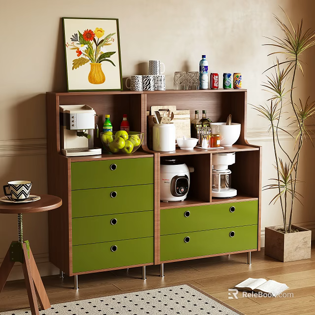 Elegant Wooden Sideboard With Green Drawers Coffee Maker Fruits Bowls And Wall Art 3d model 
