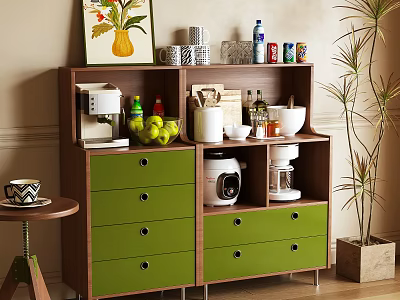 Elegant Wooden Sideboard With Green Drawers Coffee Maker Fruits Bowls And Wall Art 3d model