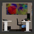 Organized Office Desk Setup With Computer Monitor Keyboard Mouse Potted Plant And Colorful Wall Painting