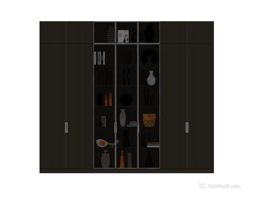 Modern Dark Bookcase With Multiple Compartments And Decorative Items Storage Design 3d model