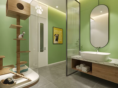 Pet Shop Interior With Green Walls Cat Tree Washbasin Mirror And Live Love Bark Poster 3d model