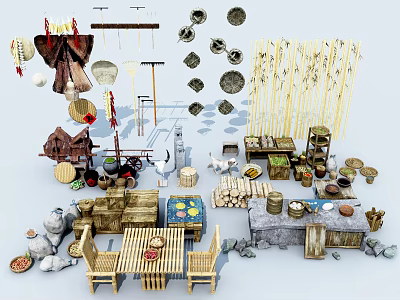 Decorative Garden Ornaments With Wooden Accents Bamboo Shelves And Stone Decorations 3d model