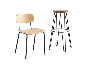 Dining chair bar stool combination simple fashion elegant metal tripod solid wood 3d model