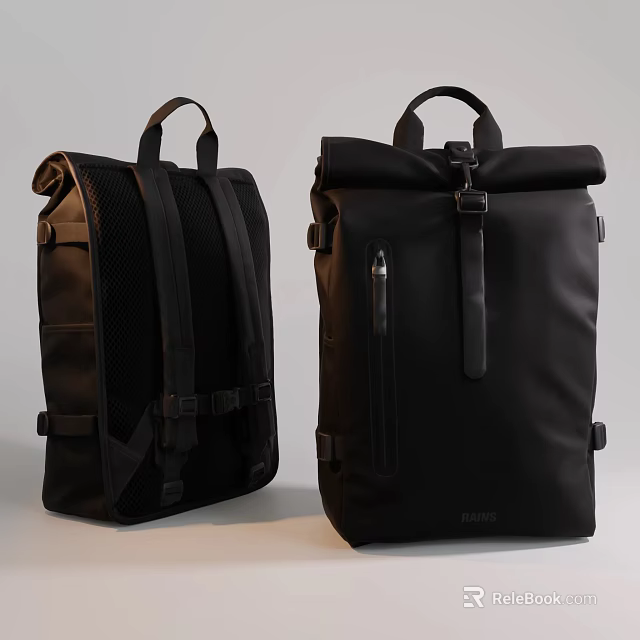 Black Modern Backpacks with Mesh Back Straps Roll Top Design and Zipper Closure 3d model 