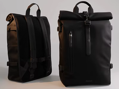Black Modern Backpacks with Mesh Back Straps Roll Top Design and Zipper Closure 3d model