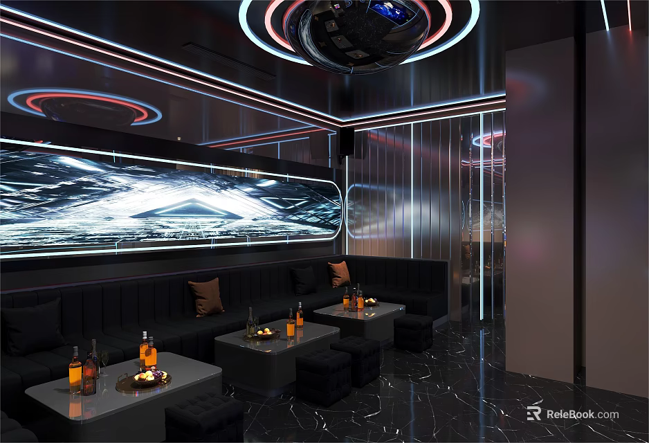Modern KTV Interior With Sofas Tables Neon Lights And Screens 3d model
