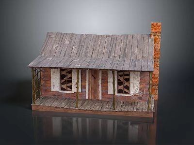 Rustic Wooden Cabin With Weathered Wood Roof Brick Chimney Front Porch And Shuttered Windows 3d model