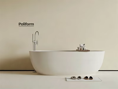 White Freestanding Bathtub With Modern Faucet Bath Accessories On Edge Slippers On Mat Light Wall 3d model