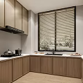 Modern Kitchen Interior With Wooden Cabinets Window Blinds Green Plants And Countertop Cookware