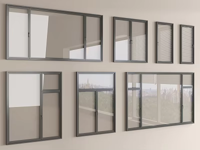 Modern Casement Windows With Various Sizes Gray Frames And Louvered Designs 3d model