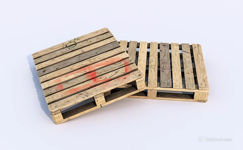 Industrial Equipment Wooden Pallets Stacked With Red Green Markings For Transport Storage 3d model 