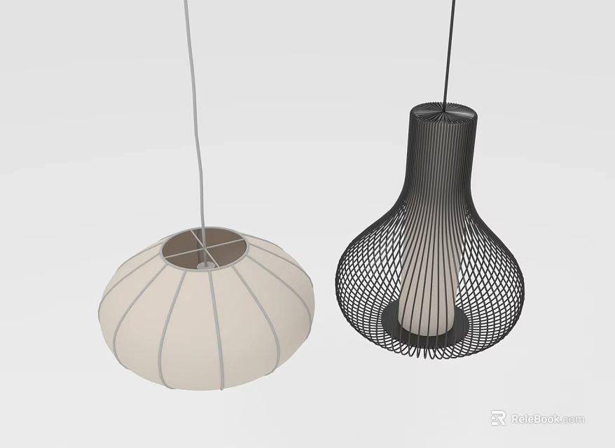 Modern Contemporary Pendant Lights With White Circular Striped Design And Black Mesh Structure 3d model 