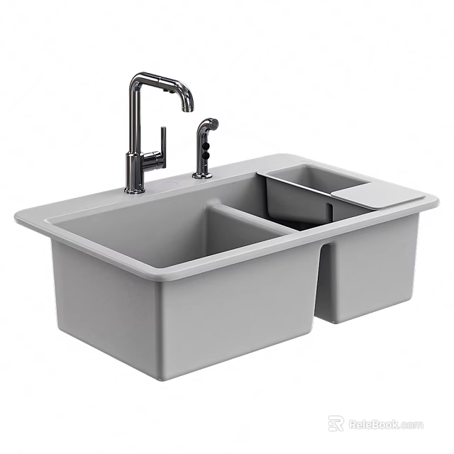 Gray Double Bowl Kitchen Sink With Modern Faucet And Quartz Construction 3d model 