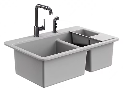 Gray Double Bowl Kitchen Sink With Modern Faucet And Quartz Construction 3d model