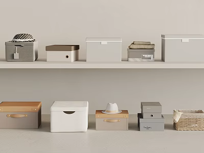 Multiple Storage Baskets with Lids in Neutral Tones for Home Organizing on Shelves 3d model