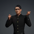Man Wearing Glasses And Black Shirt With Gold Buttons Raising Hands Gesturing 3d model