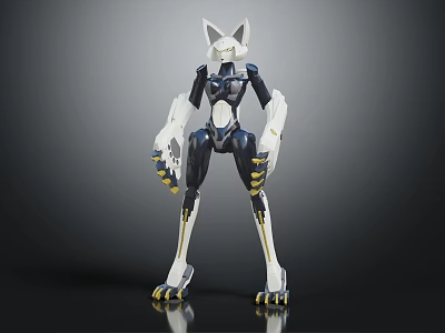 Anthropomorphic Cat Like Biomechanical Character With White Black Body And Yellow Claws Design 3d model